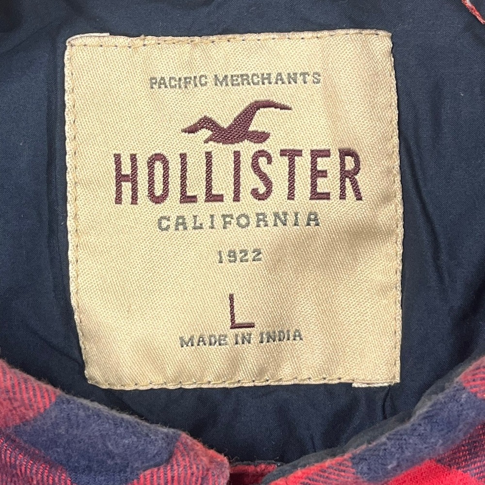 Hollister Flannel Shirt Mens Large Red Navy Buffalo Plaid Cotton Button Down - Picture 2 of 11
